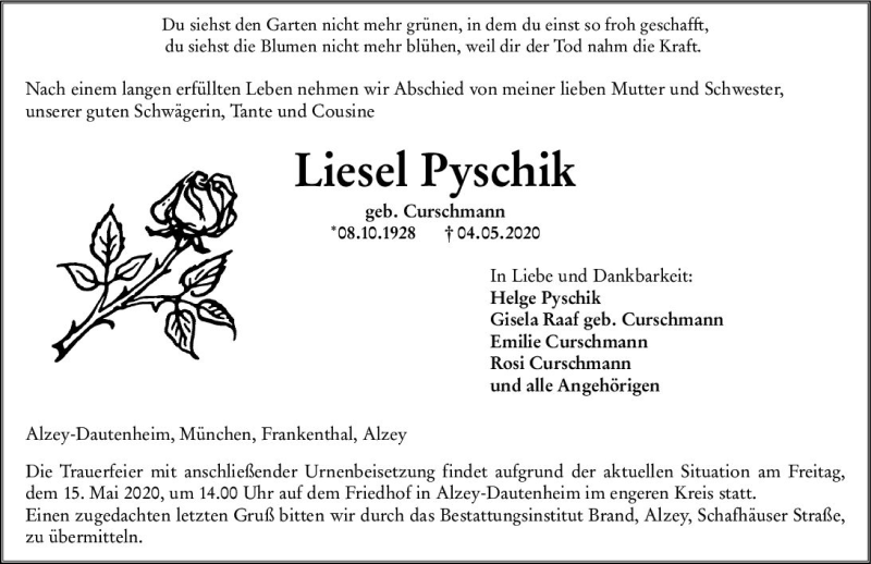  Traueranzeige für Liesel Pyschik vom 09.05.2020 aus vrm-trauer