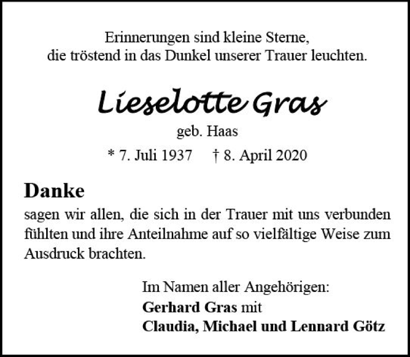  Traueranzeige für Lieselotte Gras vom 09.05.2020 aus vrm-trauer