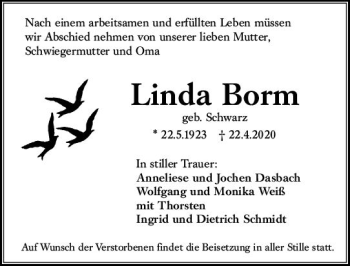 Traueranzeige von Linda Borm von vrm-trauer