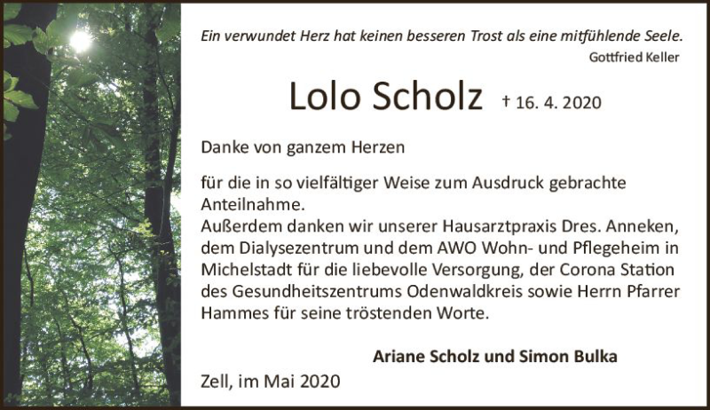  Traueranzeige für Lolo Scholz vom 23.05.2020 aus vrm-trauer