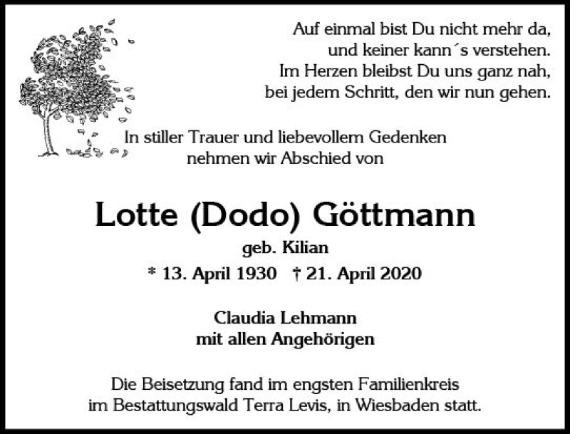  Traueranzeige für Lotte  Göttmann vom 02.05.2020 aus vrm-trauer