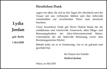 Traueranzeige von Lydia Jordan von vrm-trauer