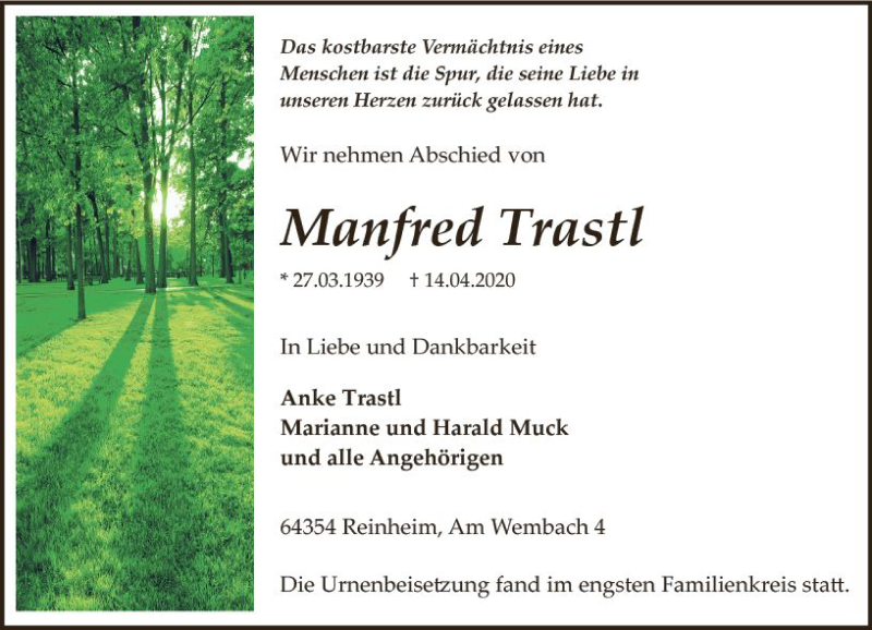  Traueranzeige für Manfred Trust vom 09.05.2020 aus vrm-trauer