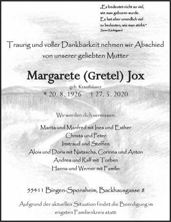 Traueranzeige von Margarete Jox von vrm-trauer
