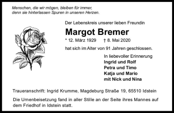 Traueranzeige von Margot Bremer von vrm-trauer