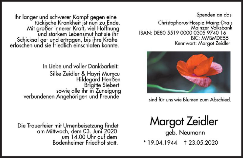  Traueranzeige für Margot Zeidler vom 30.05.2020 aus vrm-trauer