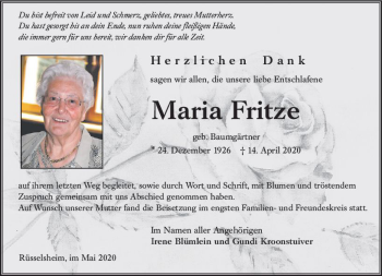 Traueranzeige von Maria Fritze von vrm-trauer