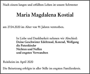 Traueranzeige von Maria Magdalena Kostial von vrm-trauer