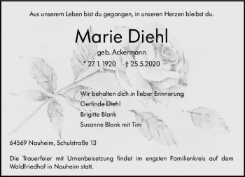 Traueranzeige von Marie Diehl von vrm-trauer