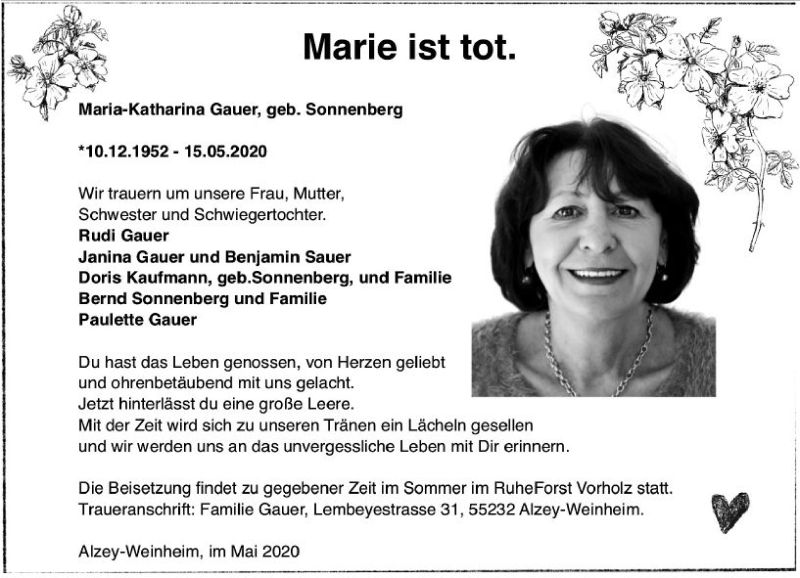  Traueranzeige für Marie-Katharina Gauer vom 20.05.2020 aus vrm-trauer