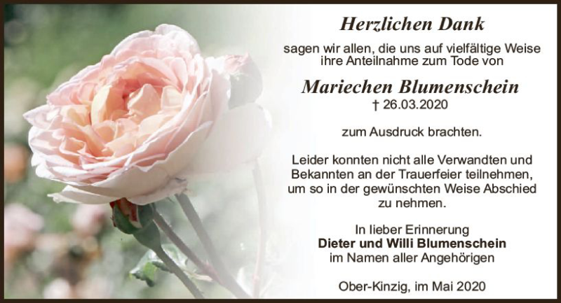  Traueranzeige für Mariechen Blumenschein vom 09.05.2020 aus vrm-trauer