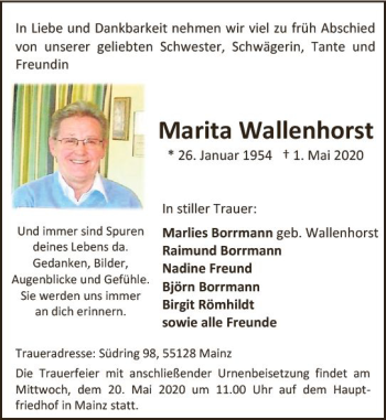 Traueranzeige von Marita Wallenhorst von vrm-trauer
