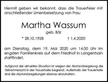 Traueranzeige von Martha Wassum von vrm-trauer