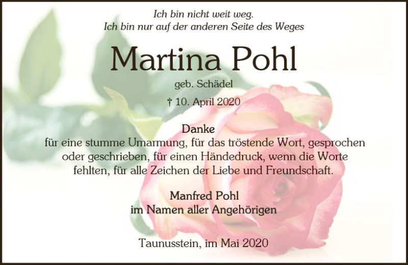  Traueranzeige für Martina Pohl vom 09.05.2020 aus vrm-trauer