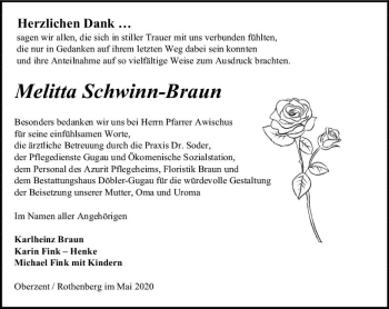 Traueranzeige von Melitta Schwinn-Braun von vrm-trauer