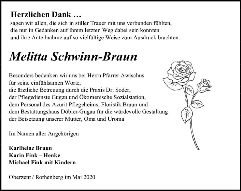  Traueranzeige für Melitta Schwinn-Braun vom 30.05.2020 aus vrm-trauer