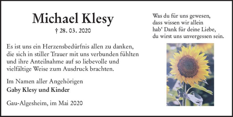  Traueranzeige für Michael Klesy vom 09.05.2020 aus vrm-trauer