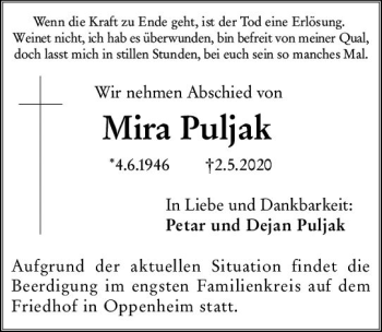 Traueranzeige von Mira Puljak von vrm-trauer