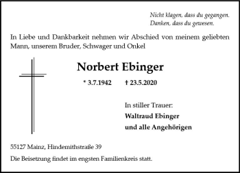 Traueranzeige von Norbert Ebinger von vrm-trauer