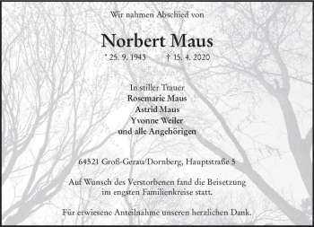 Traueranzeige von Norbert Maus von vrm-trauer