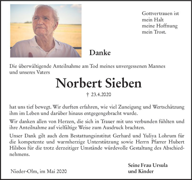  Traueranzeige für Norbert Sieben vom 16.05.2020 aus vrm-trauer