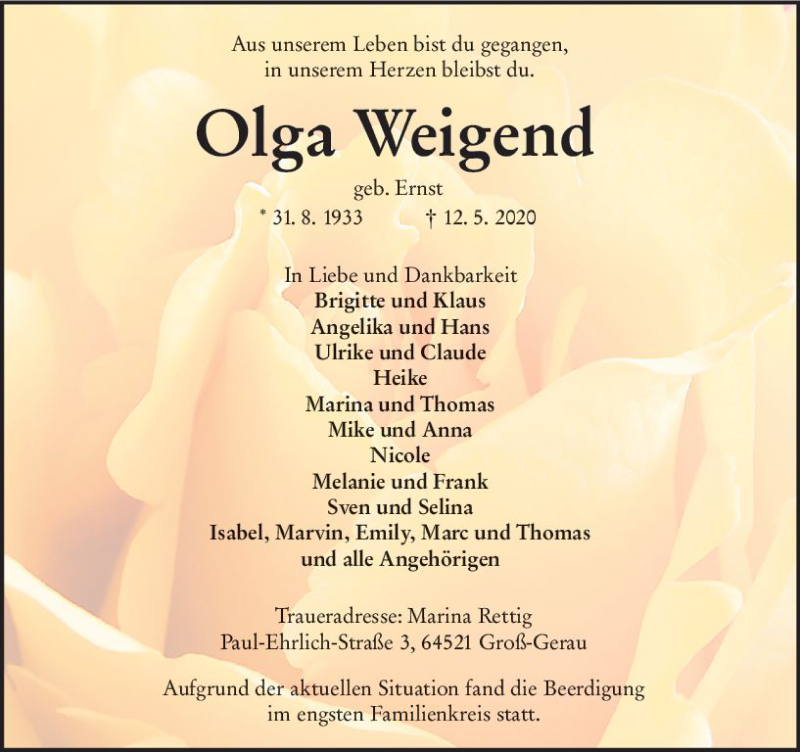  Traueranzeige für Olga Weigend vom 20.05.2020 aus vrm-trauer