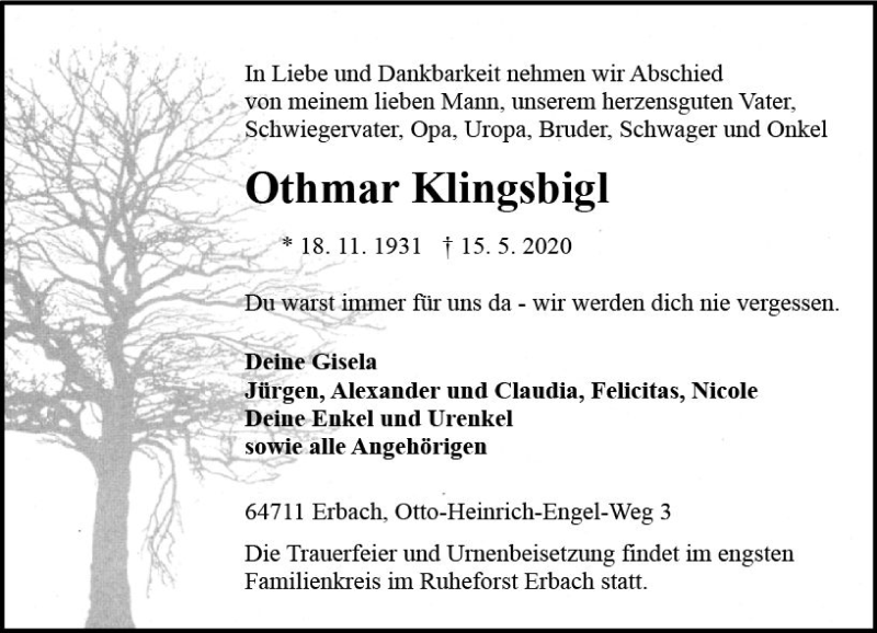  Traueranzeige für Othmar Klingsbigl vom 23.05.2020 aus vrm-trauer