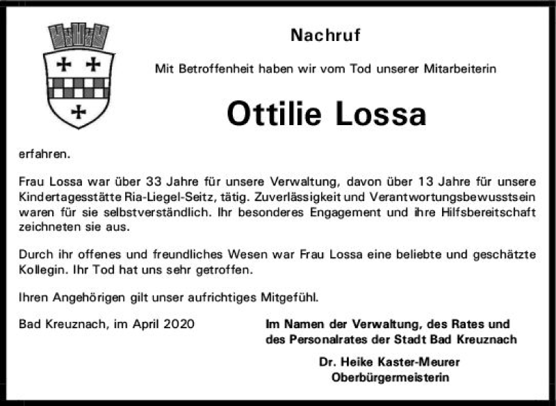  Traueranzeige für Ottilie Lossa vom 09.05.2020 aus vrm-trauer