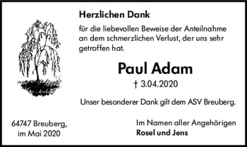 Traueranzeige von Paul Adam von vrm-trauer