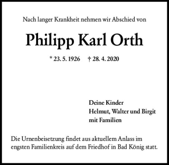 Traueranzeige von Philipp Karl Orth von vrm-trauer