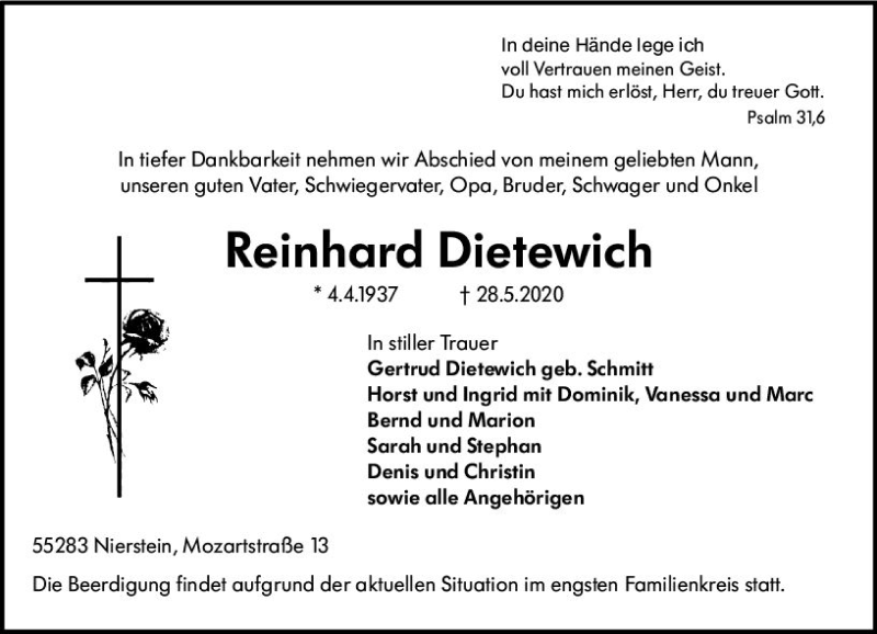  Traueranzeige für Reinhard Dietewich vom 30.05.2020 aus vrm-trauer