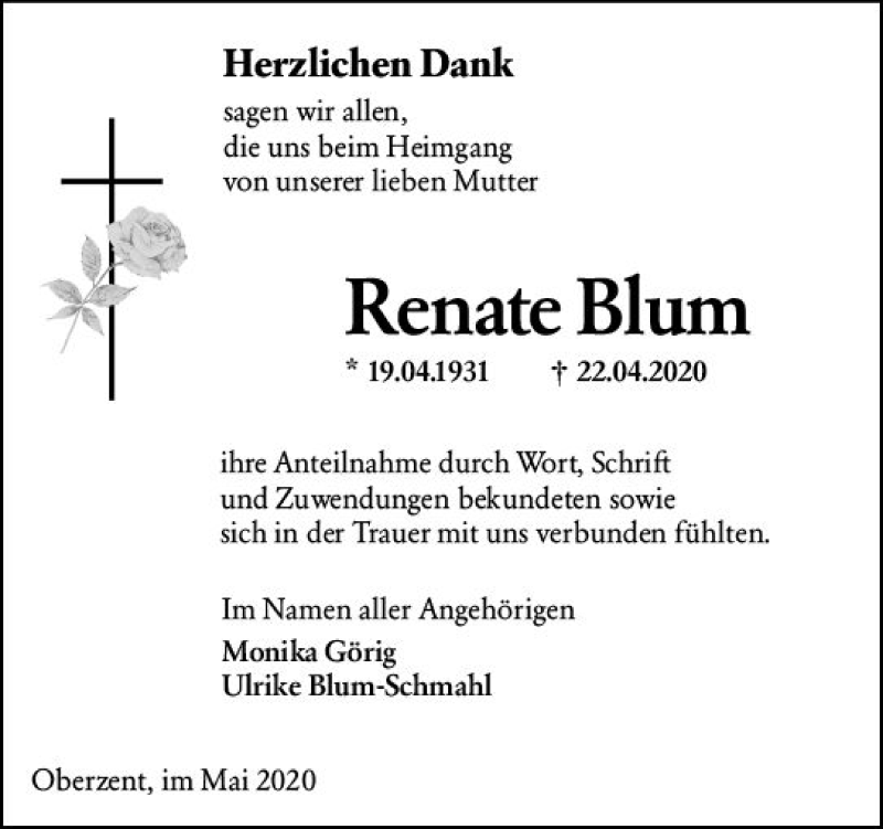  Traueranzeige für Renate Blum vom 30.05.2020 aus vrm-trauer