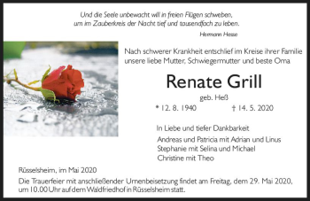 Traueranzeige von Renate Grill von vrm-trauer