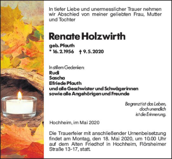Traueranzeige von Renate Holzwirth von vrm-trauer