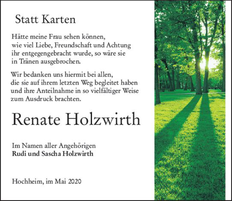  Traueranzeige für Renate Holzwirth vom 22.05.2020 aus vrm-trauer
