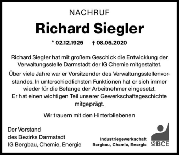 Traueranzeige von Richard Siegler von vrm-trauer