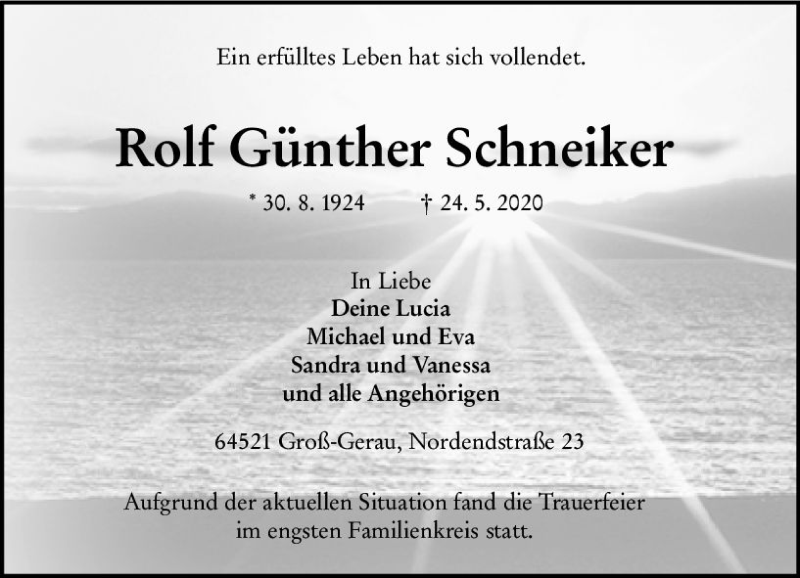 Traueranzeige für Rolf Günther Schneiker vom 30.05.2020 aus vrm-trauer