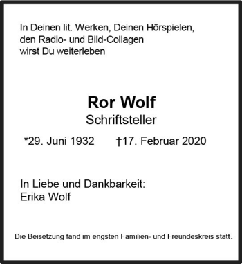 Traueranzeige von Ror Wolf von vrm-trauer