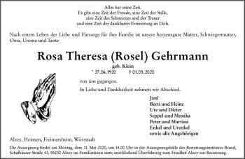 Traueranzeige von Rosa Theresa Gehrmann von vrm-trauer