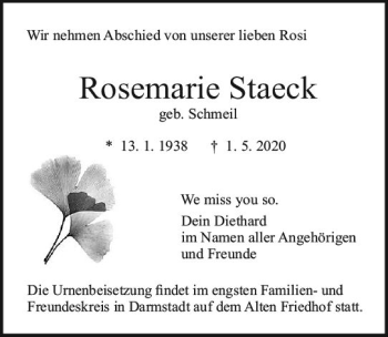Traueranzeige von Rosemarie Staeck von vrm-trauer