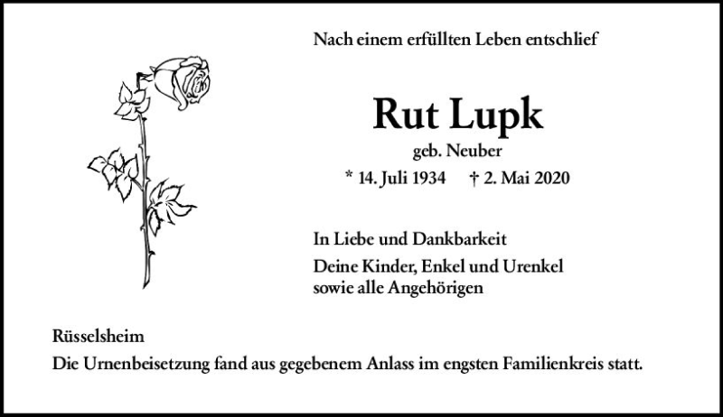  Traueranzeige für Rut Lupk vom 16.05.2020 aus vrm-trauer