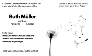 Traueranzeige von Ruth Müller von vrm-trauer