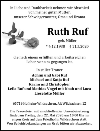 Traueranzeige von Ruth Ruf von vrm-trauer