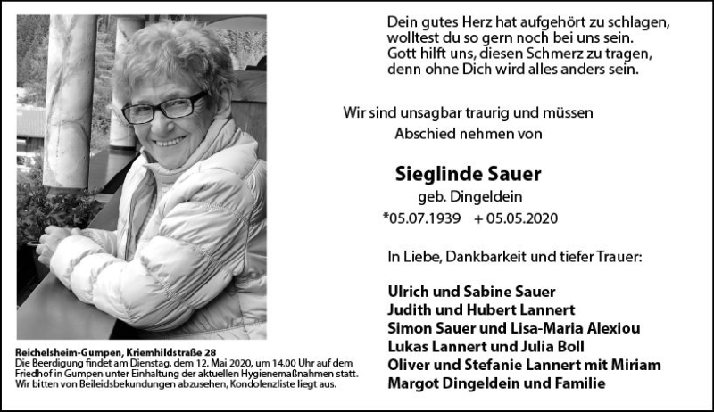  Traueranzeige für Sieglinde Sauer vom 09.05.2020 aus vrm-trauer