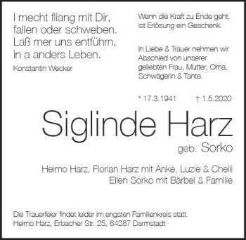 Traueranzeige von Siglinde Harz von vrm-trauer