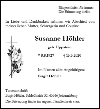 Traueranzeige von Susanne Höhler von vrm-trauer
