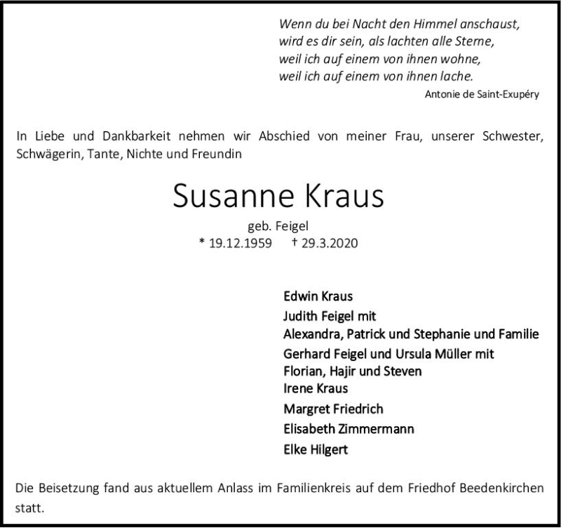  Traueranzeige für Susanne Kraus vom 30.05.2020 aus vrm-trauer