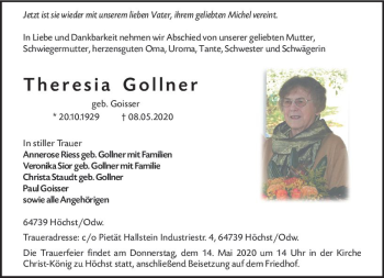 Traueranzeige von Theresia Gollner von vrm-trauer