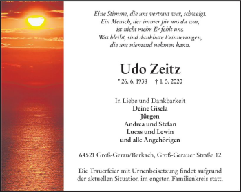 Traueranzeige von Udo Zeitz von vrm-trauer