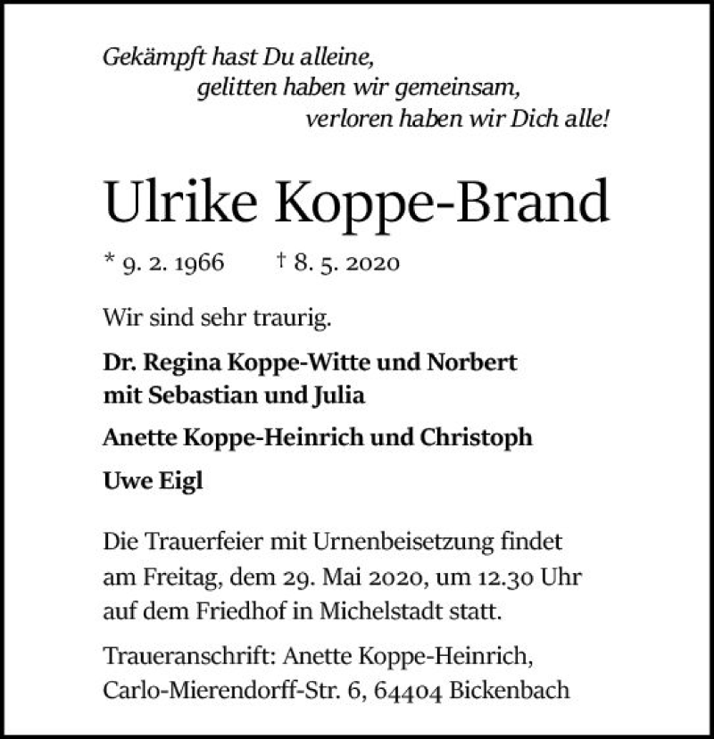  Traueranzeige für Ulrike Koppe-Brand vom 23.05.2020 aus vrm-trauer